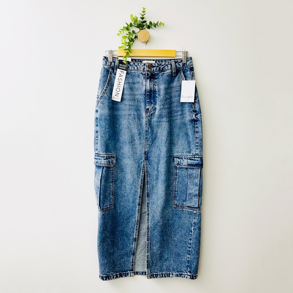 Love, Fire NWT Y2K Light Wash Denim Cargo Slit Midi Denim Skirt